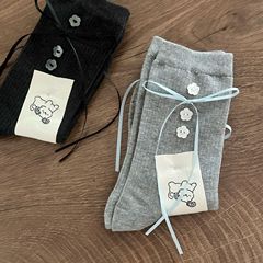 灰色小花鈕扣蝴蝶結飄帶中筒襪女日系甜美jk芭蕾風甜美少女風襪子