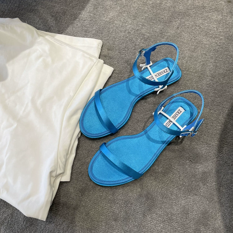 Шкура овчины версия ~ атласная синяя пряжка с росой - туфли с открытыми носами женские Xia Ping Dian Simple temperament холодные скользящие обувь