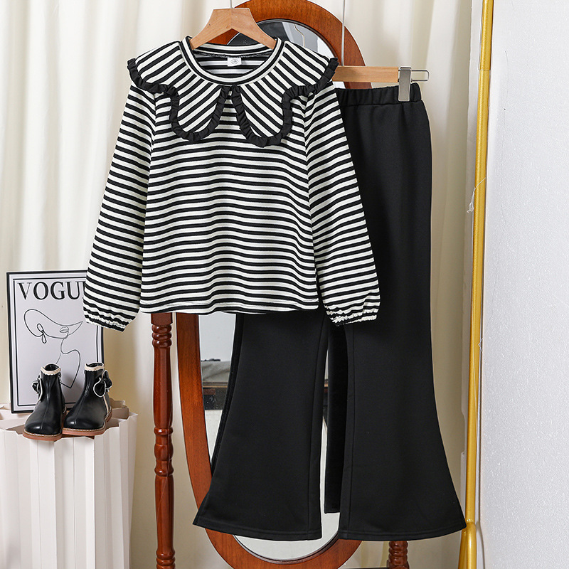 2024 Mädchen Herbst Outfit neue gestreifte Revers Top Langarm Sweatshirt weite Beinhose zweiteiliges Set für mittlere und_voghion.com