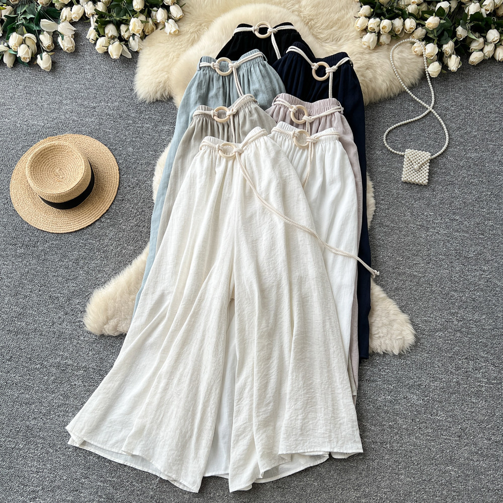 Women's High-Waisted Wide-Leg Trousers Tie Waist Retro Commuter Style Flowy Drapery Relaxed Fit Casual Pants_ecoleips.com