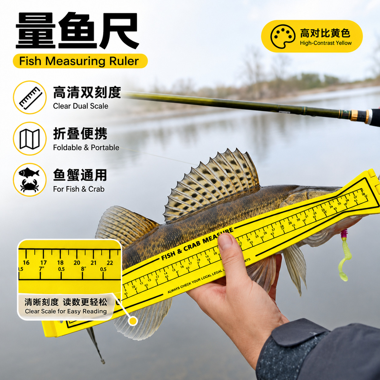源头工厂PVC双面量鱼尺 X94P便携折叠垂钓测量尺渔具现货批发款式