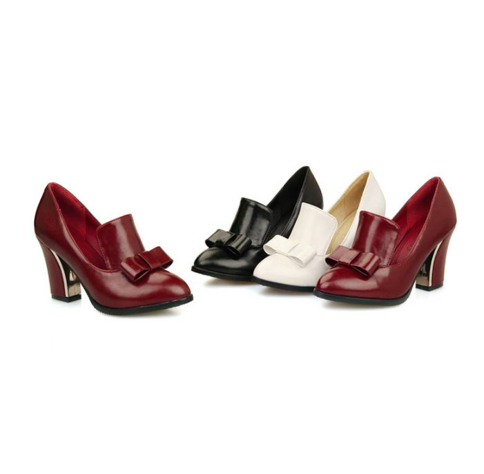 Women's Mid-heel Chunky Bowknot Pumps Elegant Leather Lace-up Shoes_voghion.com