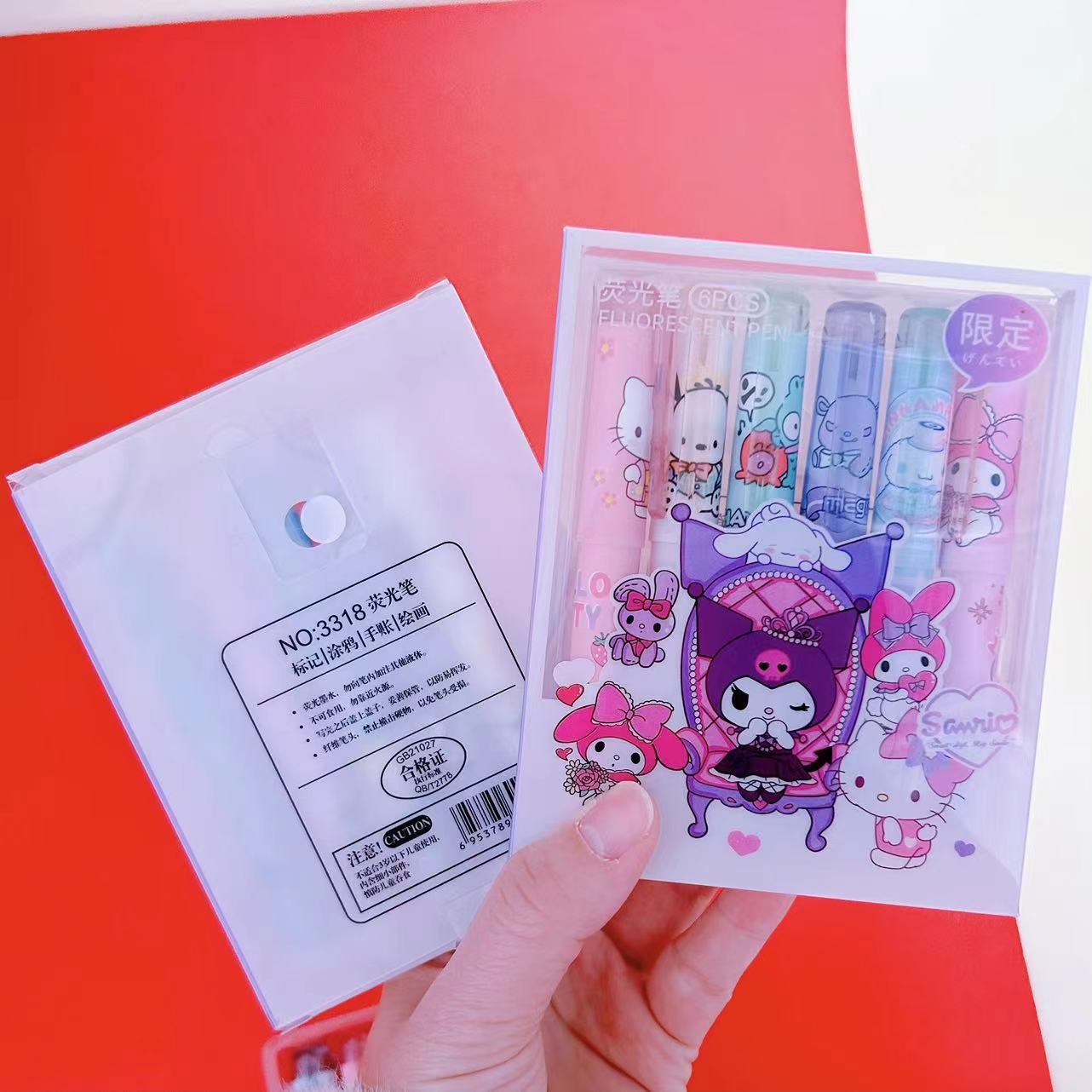 Marcadores de texto Sanrio con diseño de mascotas, marcadores de texto Kuromi de alta calidad para estudiantes, marcadores de texto de gran capacidad, juego de 6.