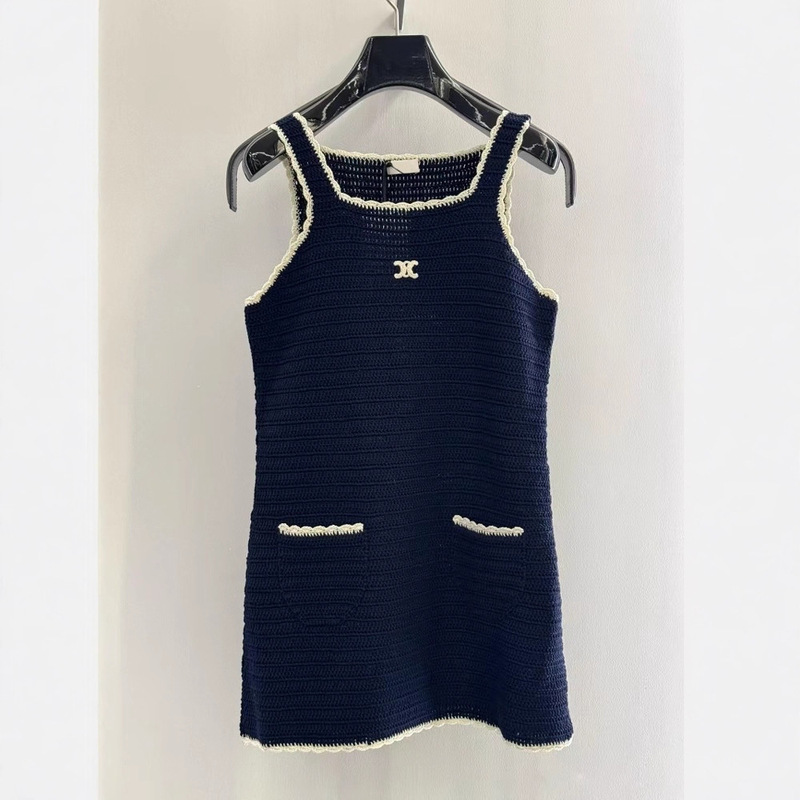 High-End 25 Summer Arc De Triomphe Logo Embroidered Lace Knit Vest Straight Slimming Age-Reducing Dress