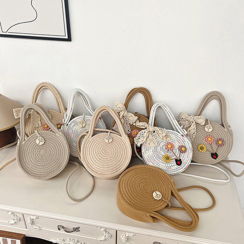 Little Round Bag Lady 2024 Single Shoulder Cotton Rope Bag Top Handle Bag Hand-held Bag Lady Cross-Body Woven Bag