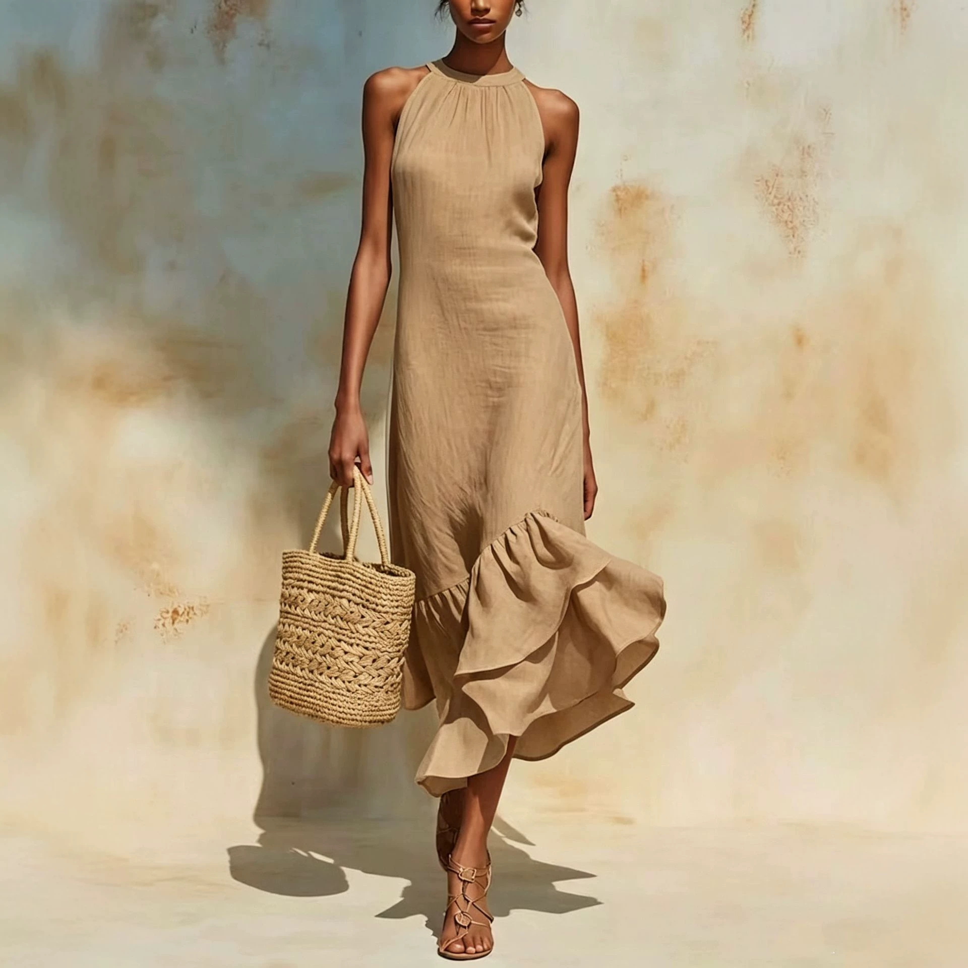 Women's Clothing Summer Women's Elegant Sleeveless Round Neck Ruffle Hem Dress Fashion Style For Formal & Casual For Women_ecoleips.com