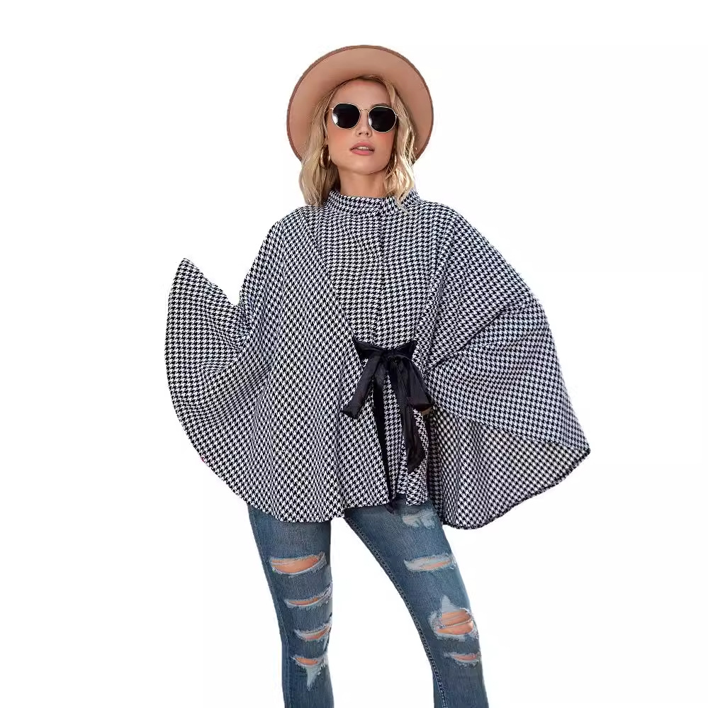2025秋季新款女士欧美外套千鸟格毛呢子大衣宽松系带披风斗篷上衣