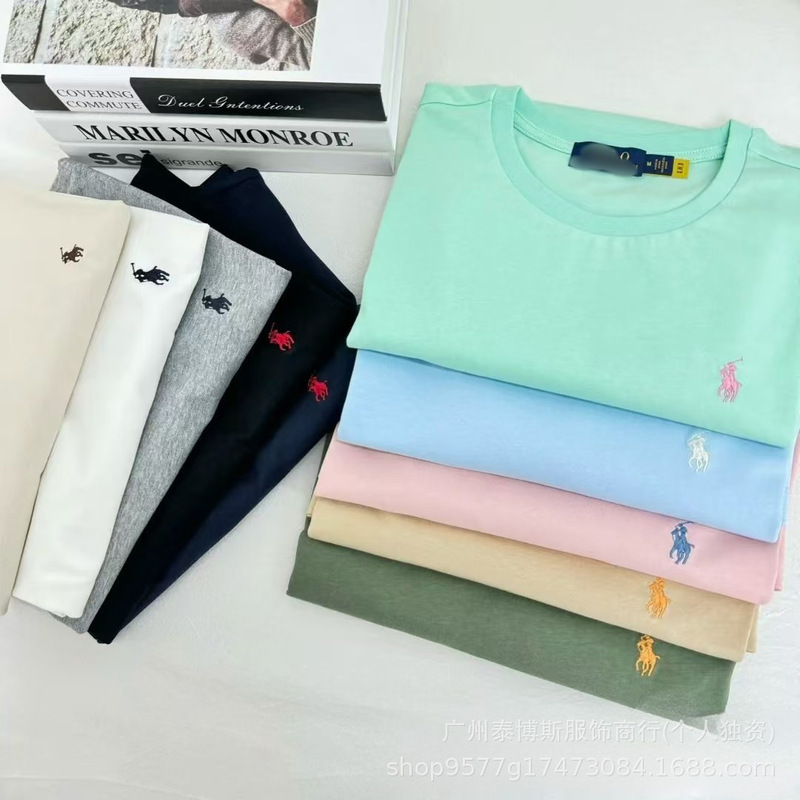 Foreign trade Polo-style short-sleeve embroidered women's round-neck T-shirt, pure cotton men's half-sleeve, can be scanned for cross-border sales