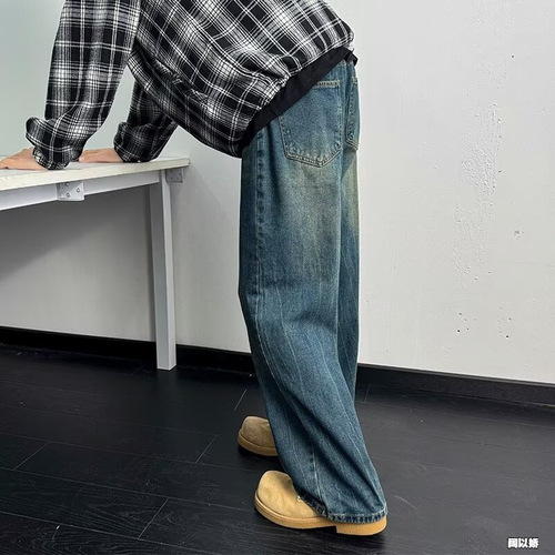 Cross-border foreign trade retro jeans, men's American fashion brand loose straight pants, washed and old, all-matching wide-leg pants
