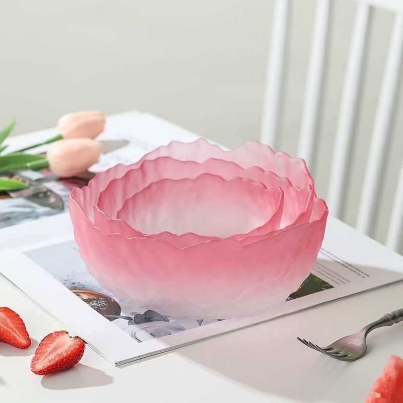 粉色少女时尚高颜值玻璃锤纹渐变水果盘客厅沙拉碗日式花盆日系