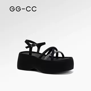 【杨超越同款】GGCC夏日香颂2025夏季新款时尚水钻黑色厚底凉鞋女