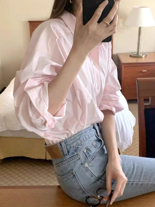 粉色长袖衬衫女士慵懒风polo领宽松开衫防晒外套衬衣法式春秋上衣|undefined