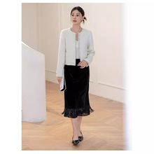 恩迪重工丝绒亮片流苏半身裙女春秋款复古优雅包臀裙中长小黑裙