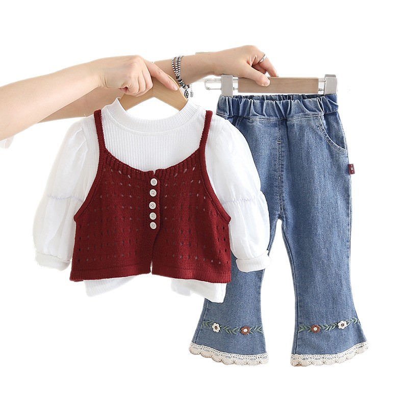 Set di tre pezzi con gilet e maglione per bambine 2025, nuovo abbigliamento per bambini alla moda per la primavera e l'autunno._voghion.com