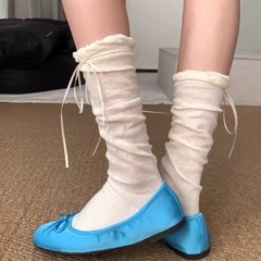春夏バレエ風グレーふくらはぎソックス薄手スイートJKガールリボンパイルミッドカーフソックスとメリージェーンシューズ