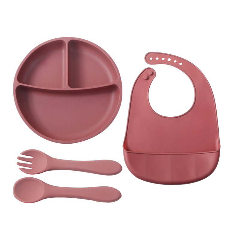 라운드 플레이트 턱받이 포크 스푼 + 레드