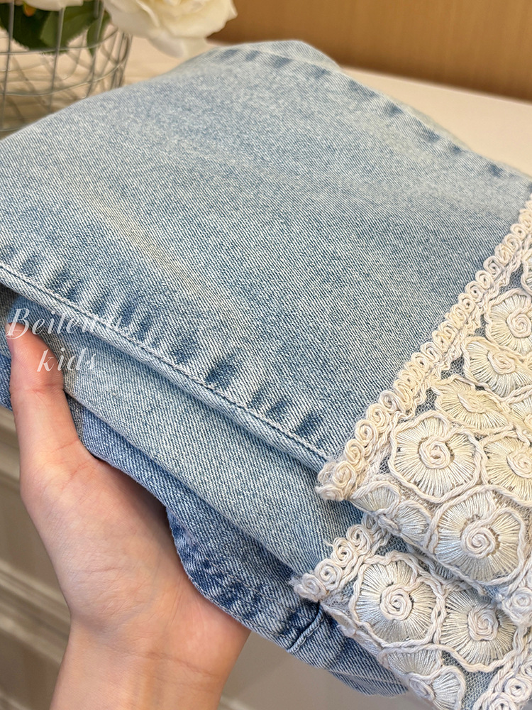 女の子韓国風ジーンズ秋女の子新しいスタイル小さな女の子ファッショナブルなレースストレートパンツ秋カジュアルパンツ