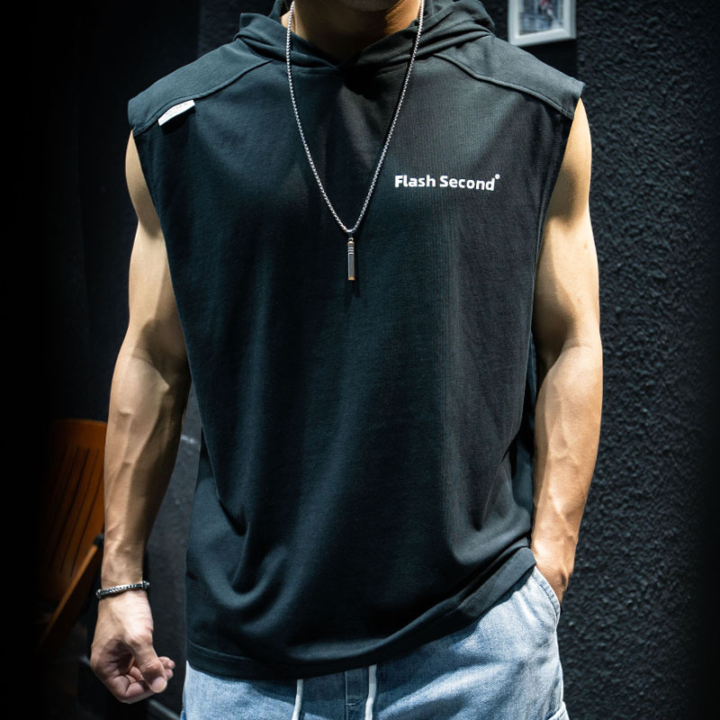 Black and White Hooded Vest Men's Summer Sleeveless T-Shirt Pure Cotton Loose Sports Vest Thin Ins Trendy Fitness National Trend Black and White Hooded Vest Men's Summer Sleeveless T-Shirt Pure Cotton Loose Sports Vest Thin Ins Trendy Fitness National Trend