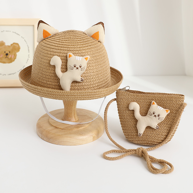 Lucky Cat Curly Straw Hat - Khaki