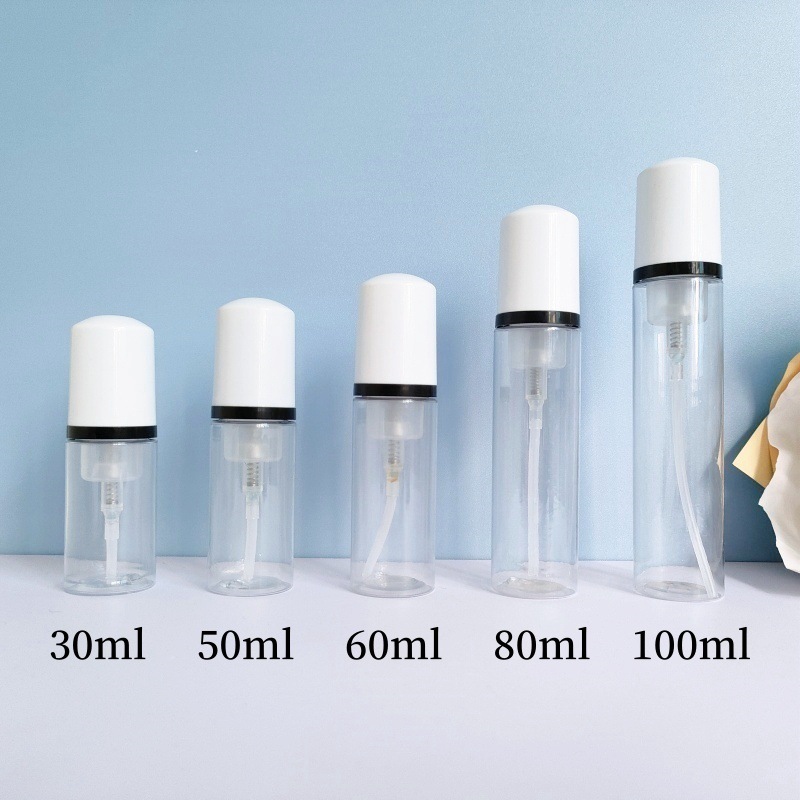 30 dientes PET mousse transparente botella 30ml100ml limpiador facial espuma botella champú espuma botella de pie en stock