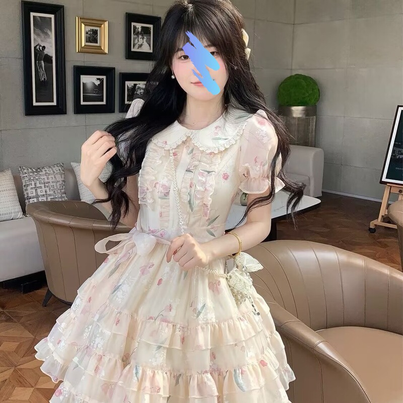 ベビードールカラー甘くて可愛い小ぶりな生花ワンピース夏中学生・高校生ロリータ花柄プリンセススカート|undefined
