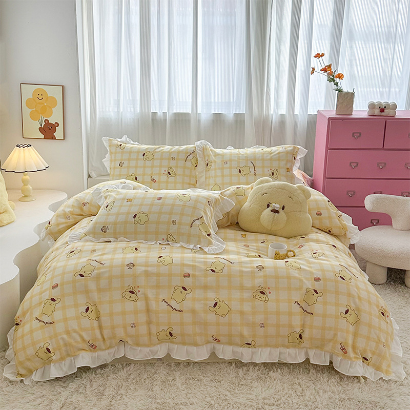 三丽鸥纯棉花边款四件套全棉公主风卡通HelloKitty床单被套床裙款|undefined