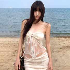 泰国小众高级感蕾丝抹胸分体比基尼海岛度假性感显瘦长裙温泉泳衣