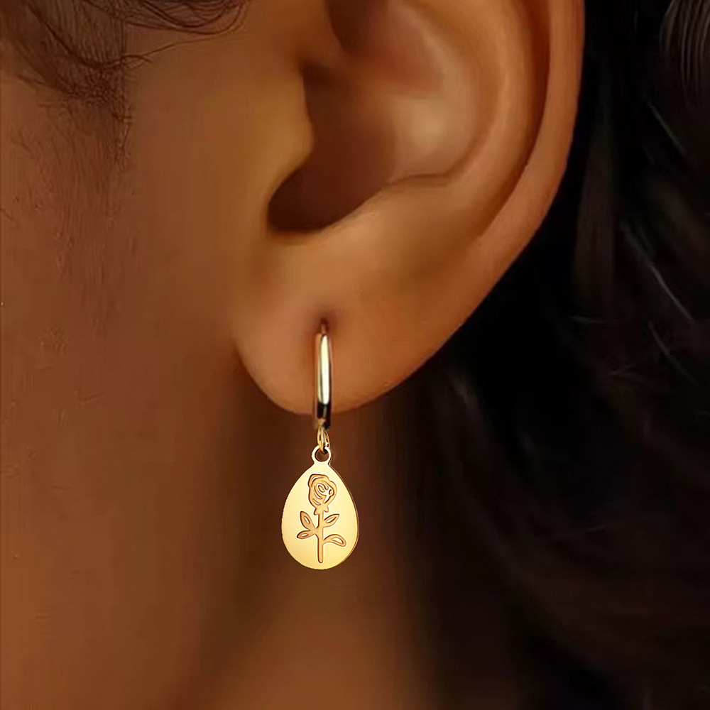 European and American Ins Style Water Drop Rose Pendant Earrings for Women Retro Niche Design Stainless Steel Plated 18K Gold Earrings