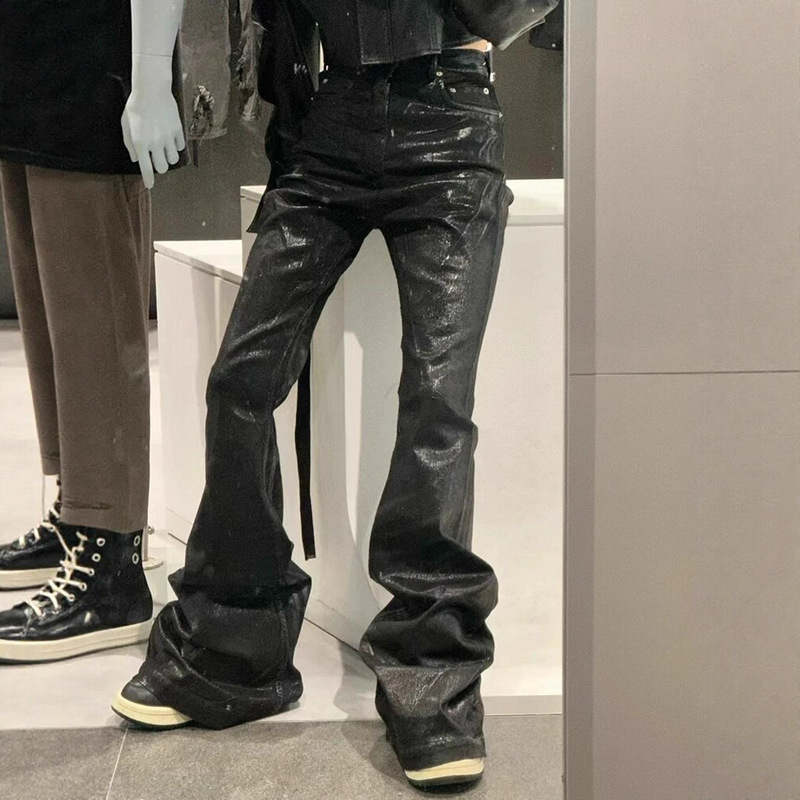 High-End Ro Style Niche Dark Wax-Coated Pure Black Ribbon Wide-Leg Flared Denim Pants for Men and Women