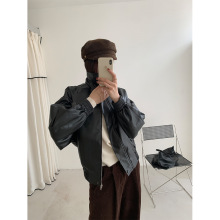 黄峥英伦风翻领风衣皮外套女秋冬宽松休闲机车夹克长袖上衣541058