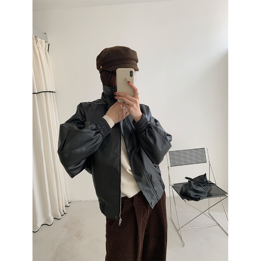 Huang Zheng British Style Lapel Windbreaker Leather Tops Women's Autumn and Winter Loose Casual Motorcycle Tops Long Sleeve Top 541058