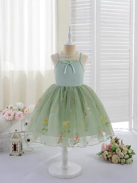 Girls' Embroidered Mesh Dress 2025 Summer Girls' Floral Gauze Dress Suspender Dress Princess Dress Princess Style