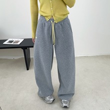 冬款加绒加厚刺绣小狗卫裤女长款显瘦慵懒松弛高腰垂感直筒休闲裤