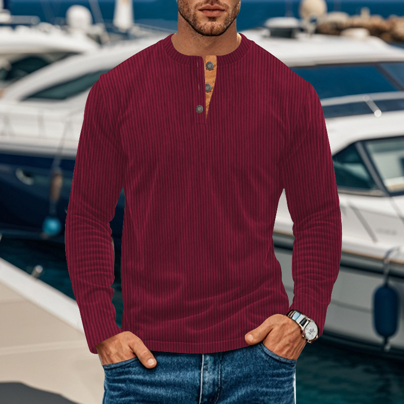 Transfronterizo Europa y América Amazon otoño nuevo hombre casual camiseta de manga larga camiseta de base botón camiseta de terciopelo para hombre