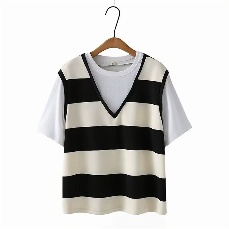 Поддельные две футболки с короткими рукавами большого размера 2024 новая толстая MM летняя мода тонкая свободная полоска с половиной рукава топ 238