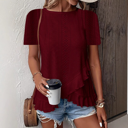 2025 Spring/Summer European & American Style Women's Fashion Casual Solid-Color Short-Sleeve Crew-Neck T-Shirt