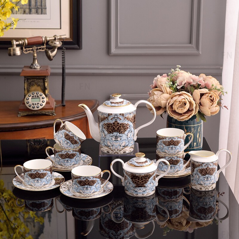 European Leopard Print Series Bone China Six-Cup Saucer Sugar Pot Afternoon Tea Coffee Cup and Saucer Tableware 15-Piece Set Souvenir