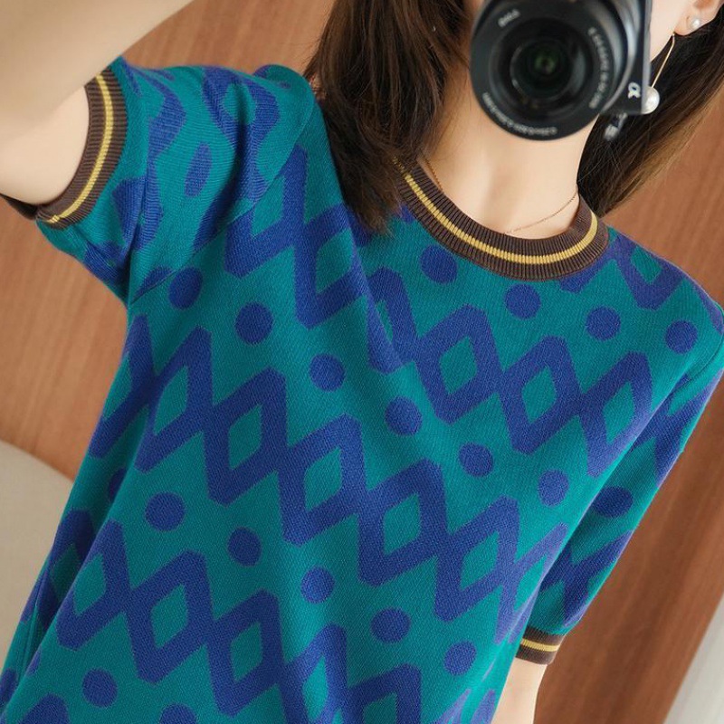 複古冰絲短袖針織衫女士寬松圓領上衣薄款打底衫春夏套頭彩色T恤