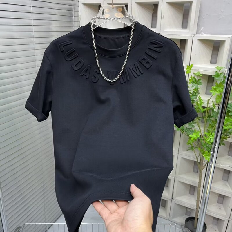 2025 New Trendy Brand Trendy Men's Short-Sleeved T-Shirt Fashionable Steel-Printed Letters Men's Loose Youth Popular Short-Sleeved T-Shirt