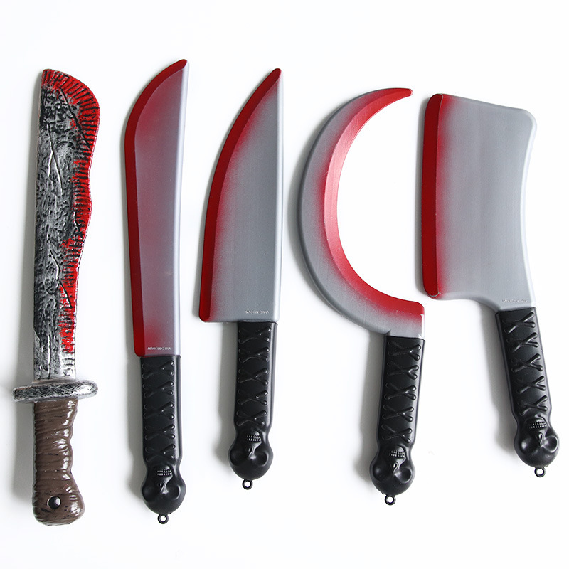 Halloween simulation plastic knife net red blood sharp knife ghost festival decorative toy blood kitchen knife trick props scimitar sickle