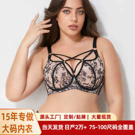 跨境欧美大码内衣女大胸显小防下垂聚拢透气网纱全罩杯胖MM文胸