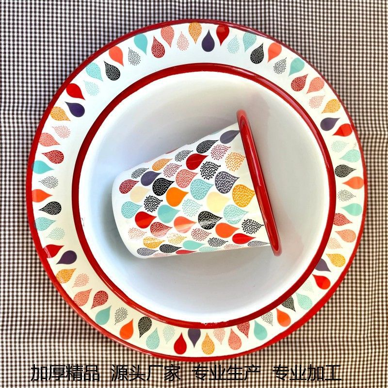 Factory supply enamel plate personality decal fruit plate snack plate enamel plate household easy to clean T-Cup plate set Factory supply enamel plate personality decal fruit plate snack plate enamel plate household easy to clean T-Cup plate set