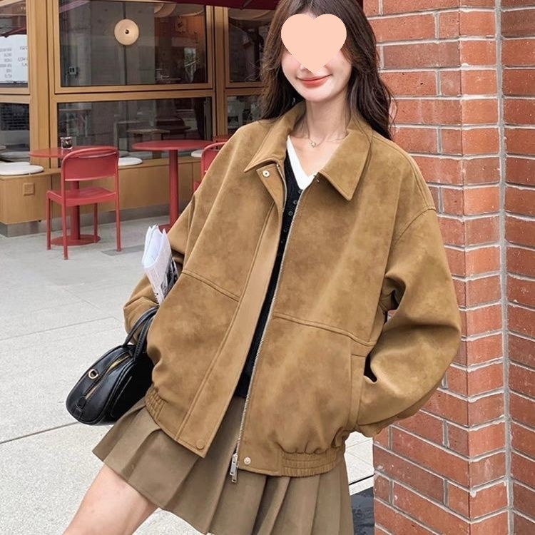 咖色美拉德麂皮绒外套女2025秋季新款小个子美式复古拉链翻领夹克|undefined