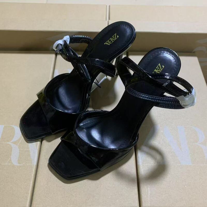 ZA2024 Spring and Summer New Women's Shoes Black Thin Heel Temperament Ankle Trip High Heels Square Toe Open Toe Sandals