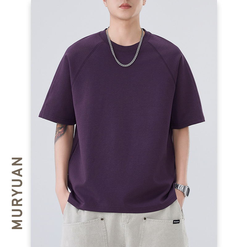 Mu Yuan Men's American Style cleanfit Raglan Sleeve Short-sleeved T-shirt Men's Solid Color Loose Trendy Brand All-match Top