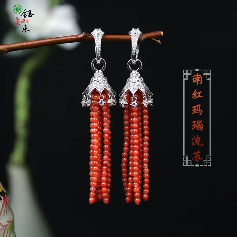 Серьги из агата с кисточками, серебро 925 пробы