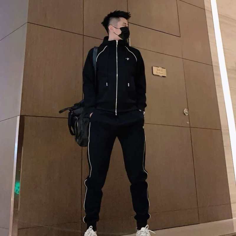 欧货2025时尚春秋新款套装男士休闲连帽两件套黑色洋气百搭套装|undefined