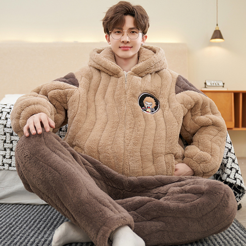 Men's Pajamas Winter Fleece-Lined Thickeneded Three-Layer Velvet Quilted Warm Plush Suit Hooded Home Wear Pajamas