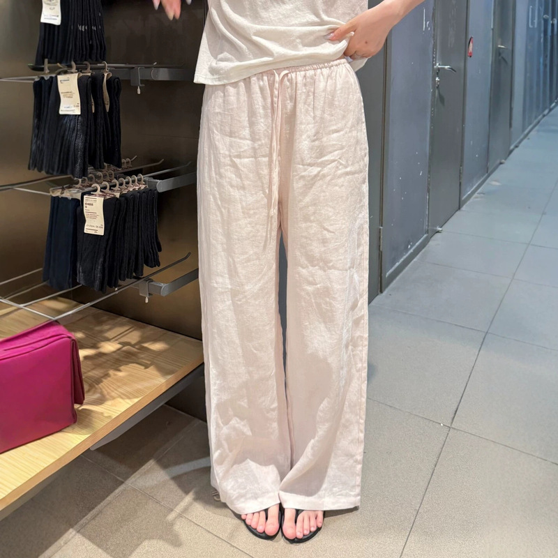 Pink Linen-Like Wide-Leg Pants for Women, Summer Casual Relaxed Old Money Style Thin Straight Cotton-Linen Floor-Length Pants