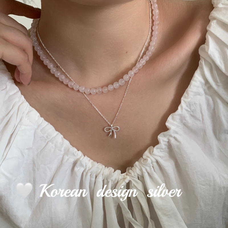 韓國東大門手工鎖骨鏈 S925純銀簡約氣質天然粉晶項鍊疊戴ins風